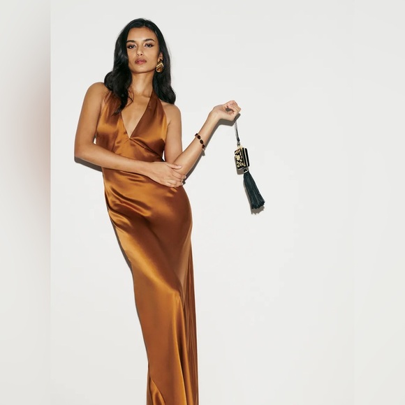 NWT NEW Reformation Daniela Silk Maxi Deep V Dress Copper Burnt Orange Brown - Picture 7 of 17